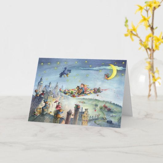 魔法のじゅうたんの子供-イラストレーションの挨拶状 カード (黄色い花)