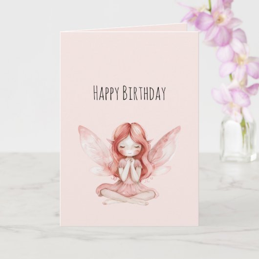 魔法のほっぺのピンクの赤い髪の妖精の誕生日 カード (蘭)