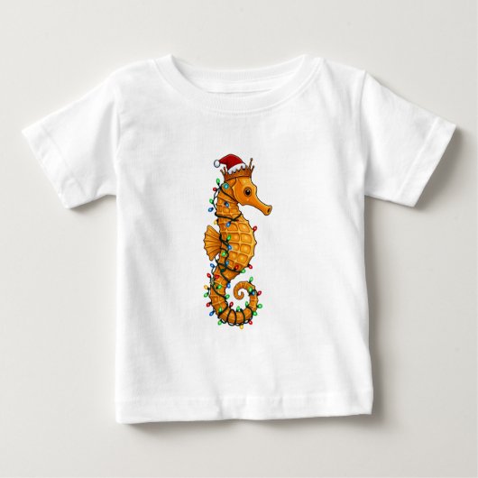 魔法のようなサンタの帽子をかぶったタツノオトシゴ ベビーTシャツ (正面)