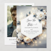 魔法のようなシックなホワイトローズのウェディング セーブザデート (正面/裏面)