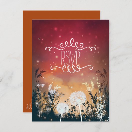 魔法のような赤い夜空の星と葉のRSVPカード インビテーションポストカード (正面/裏面)