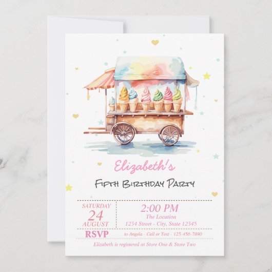 魔法のアイスクレームスターズピンク誕生日 招待状 (正面)