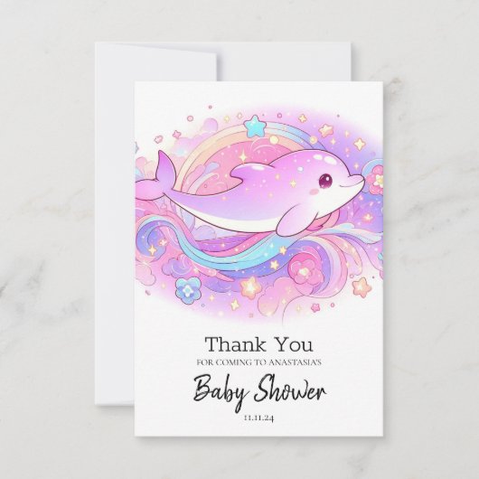 魔法のイルカの赤ちゃんシャワー サンキューカード (正面)