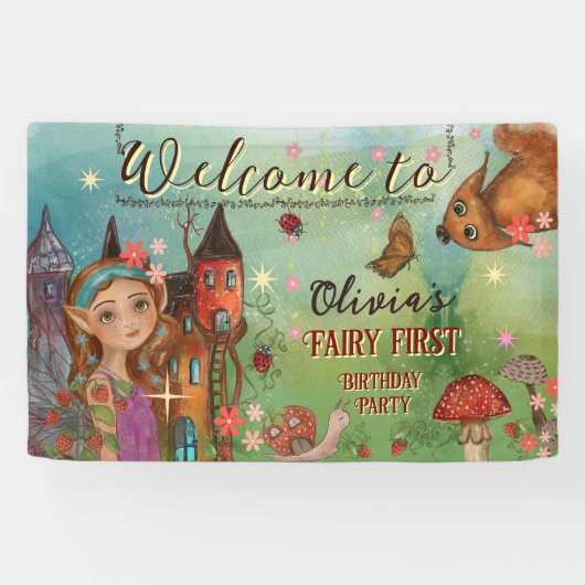 魔法のウッドランドフェアリーファースト誕生日ウォールバナー 横断幕 (横)