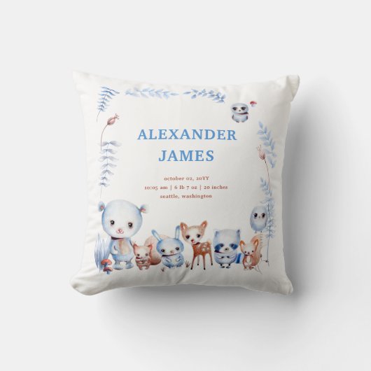 魔法のウッドランド動物誕生統計ボーイベビー クッション (正面)