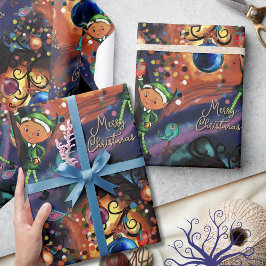 魔法のエルフと鳥の幻想的なクリスマス ラッピングペーパー