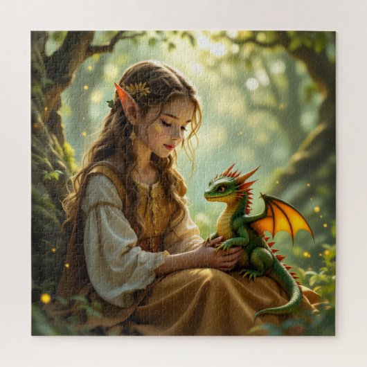 魔法のエルフの妖精とドラゴン ジグソーパズル (縦)