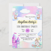 魔法のカラフルパープルブルーユニコーン第5誕生日 招待状 (正面)