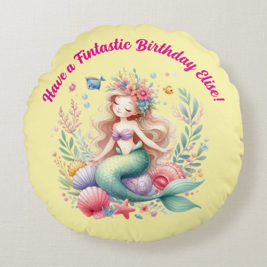 魔法のカラフルマーメイド ファンタスティック誕生日ギフト ラウンドクッション (正面)
