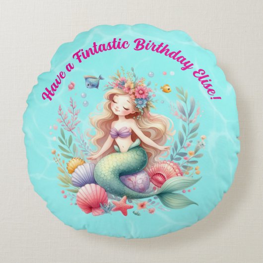 魔法のカラフルマーメイド ファンタスティック誕生日ギフト ラウンドクッション (正面)