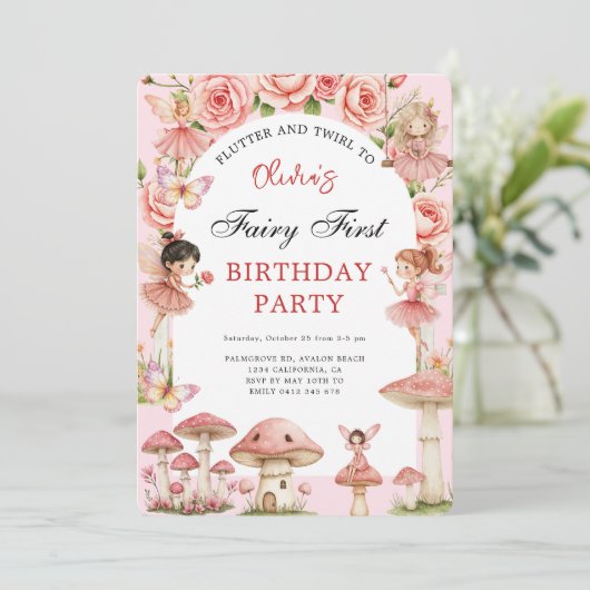 魔法のガーデンピンクの妖精たち最初の1歳の誕生日 招待状 (スタンド正面)