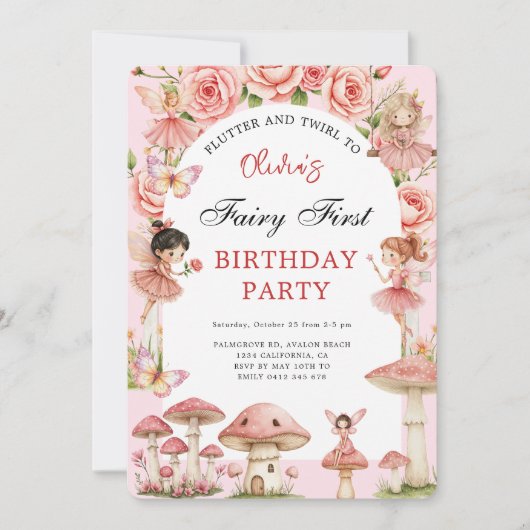 魔法のガーデンピンクの妖精たち最初の1歳の誕生日 招待状 (正面)