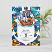 魔法のキッズウォーターカラーボートパイレーツ誕生日 招待状 (スタンド正面)