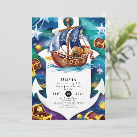 魔法のキッズウォーターカラーボートパイレーツ誕生日 招待状 (スタンド正面)