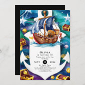 魔法のキッズウォーターカラーボートパイレーツ誕生日 招待状 (正面/裏面)