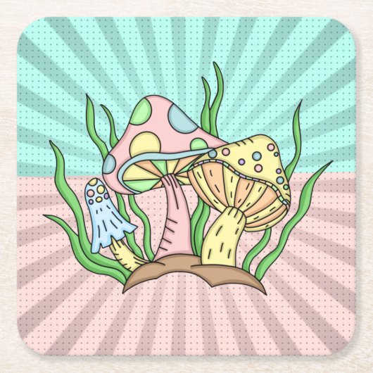 魔法のキノコかわいいパステル スクエアペーパーコースター (正面)