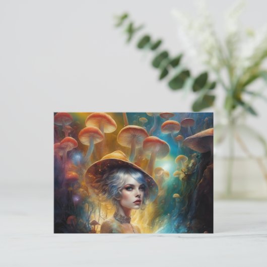 魔法のキノコの森の中のファンタジー ポストカード (スタンド正面)