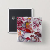 魔法のキノコ葉。赤白フローラファンタジー 缶バッジ (正面&裏面)