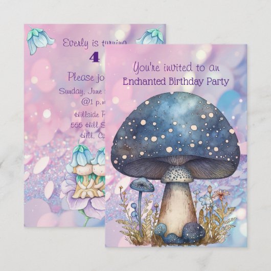 魔法のキノコ 4歳の誕生日パーティー 招待状 (正面/裏面)