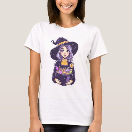 魔法のキャンディボウルを持つ可愛い魔女 Tシャツ (正面)