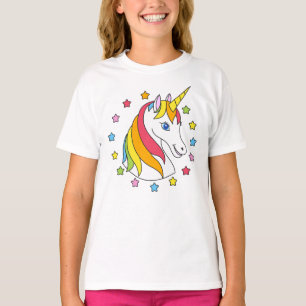 魔法のキュートなユニコーンの顔と星 カラフル Tシャツ