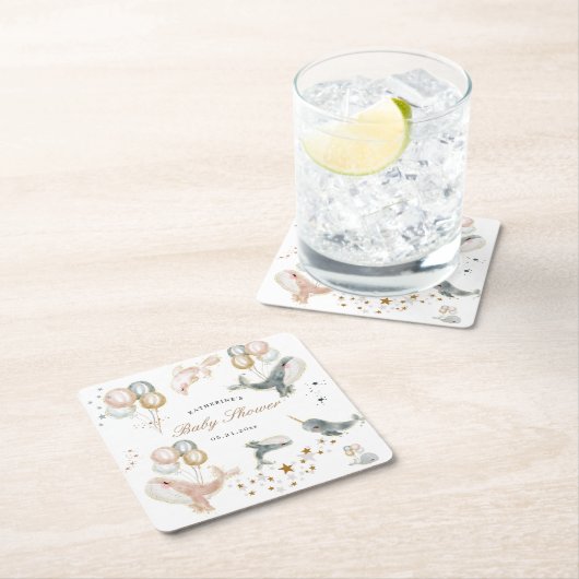 魔法のクジラの風船が赤ちゃんシャワーを星 スクエアペーパーコースター (インサイチュ)