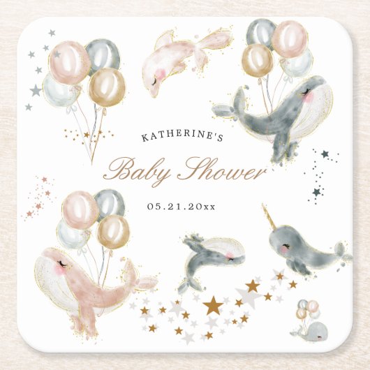 魔法のクジラの風船が赤ちゃんシャワーを星 スクエアペーパーコースター (正面)