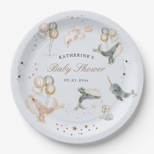 魔法のクジラの風船が赤ちゃんシャワーを星 ペーパープレート (正面)