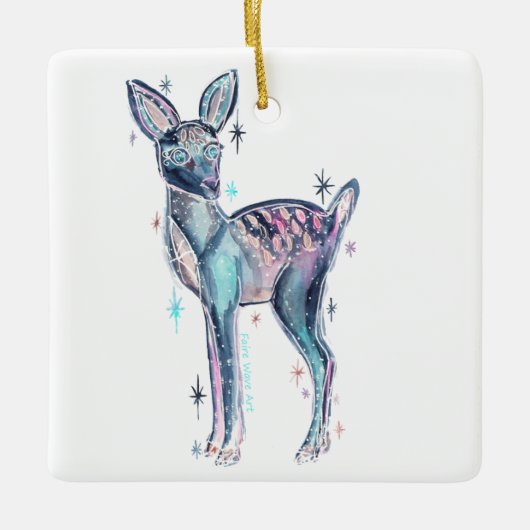 魔法のクリスマスの冬の鹿 セラミックオーナメント (正面)