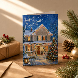 魔法のクリスマスの夜 雪の家 グリーティング カード