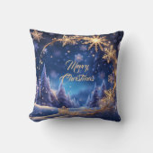 魔法のクリスマスの時間 – 青の上の黄金の雪 クッション (正面)