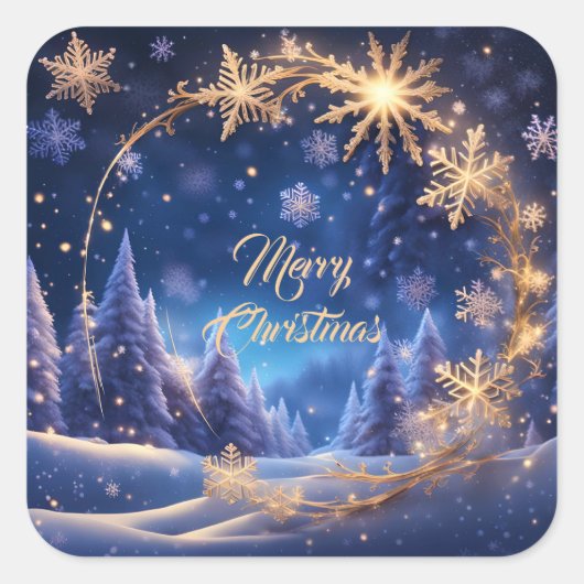 魔法のクリスマスの時間 – 青の上の黄金の雪 スクエアシール (正面)
