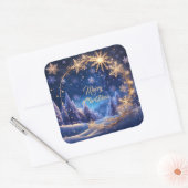 魔法のクリスマスの時間 – 青の上の黄金の雪 スクエアシール (封筒)