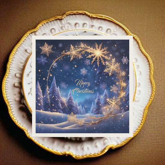 魔法のクリスマスの時間 – 青の上の黄金の雪 スタンダードカクテルナプキン