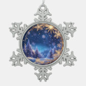 魔法のクリスマスの時間 – 青の上の黄金の雪 スノーフレークピューターオーナメント (正面)