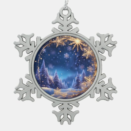 魔法のクリスマスの時間 – 青の上の黄金の雪 スノーフレークピューターオーナメント (正面)