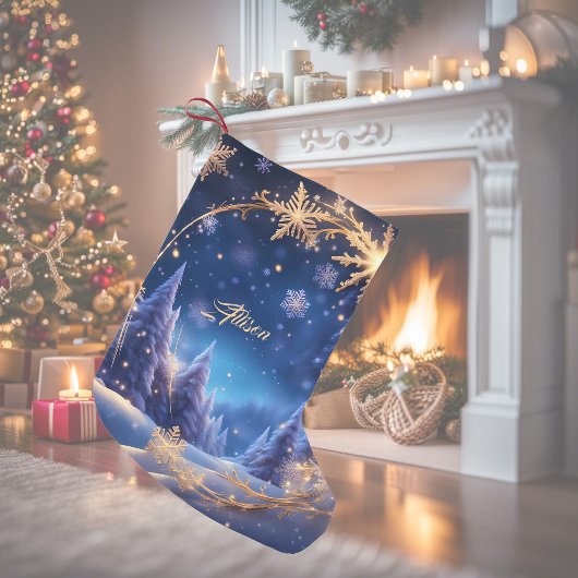 魔法のクリスマスの時間 – 青の上の黄金の雪 スモールクリスマスストッキング