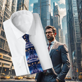 魔法のクリスマスの時間 – 青の上の黄金の雪 ネクタイ