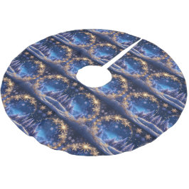 魔法のクリスマスの時間 – 青の上の黄金の雪 ブラッシュドポリエステルツリースカート