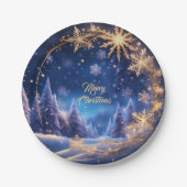 魔法のクリスマスの時間 – 青の上の黄金の雪 ペーパープレート (正面)