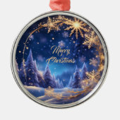 魔法のクリスマスの時間 – 青の上の黄金の雪 メタルオーナメント (正面)