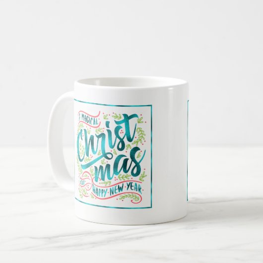 魔法のクリスマスタイポグラフィティール（緑がかった色）ID441 コーヒーマグカップ (正面左)
