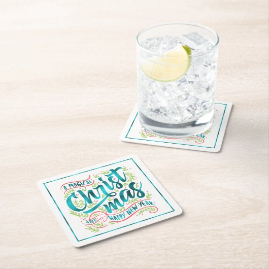 魔法のクリスマスタイポグラフィティール（緑がかった色）ID441 スクエアペーパーコースター (インサイチュ)