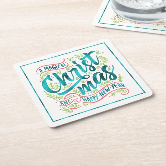 魔法のクリスマスタイポグラフィティール（緑がかった色）ID441 スクエアペーパーコースター (アングル)