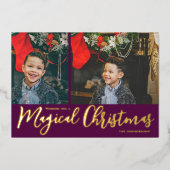 魔法のクリスマスフォトコラージュ紫と金ゴールド 箔シーズンカード (正面)