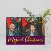 魔法のクリスマスフォトコラージュ紫と金ゴールド 箔シーズンカード (立ち正面)