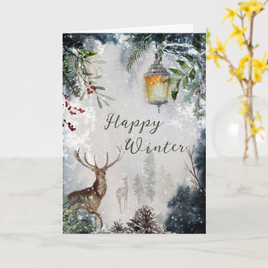 魔法のクリスマスフォレストの鹿グリーティングカード カード (黄色い花)