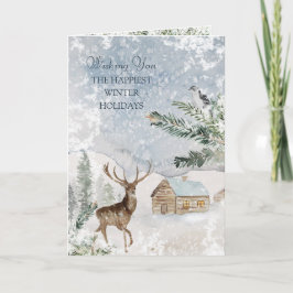 魔法のクリスマスフォレスト鹿の鳥グリーティングカード カード