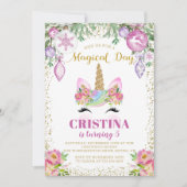 魔法のクリスマスフローラユニコーンフォト誕生日 招待状 (正面)