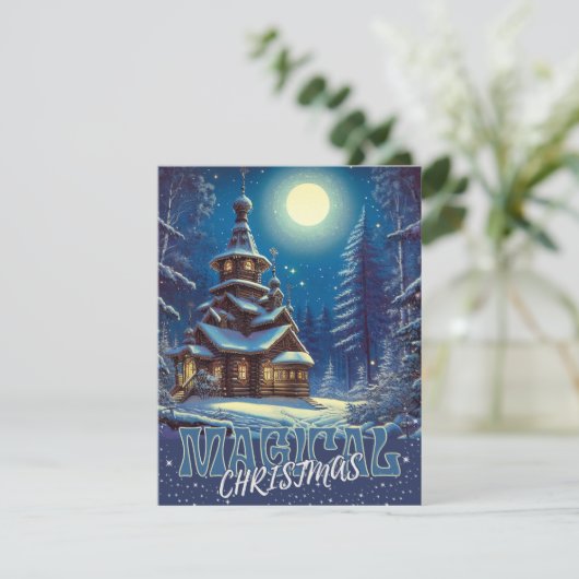 魔法のクリスマス木造の教会の雪の月の森 シーズンカード (スタンド正面)